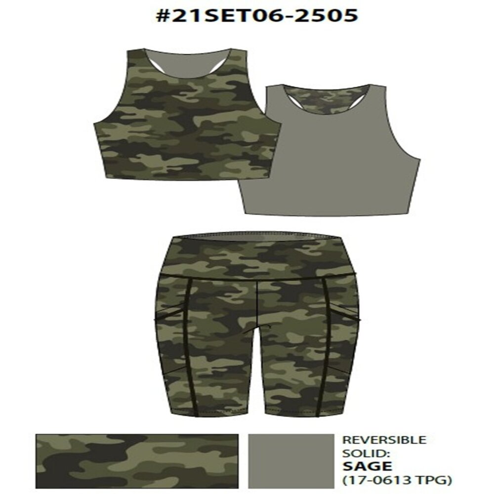 Womens 2-PC Bike Shorts & Reversible Racerback Bra Top w/pockets Camo Size Small